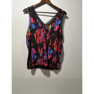 Halogen Sleeveless Tank Top Brushstroke Print‎ V-Neck Casual Top Size L